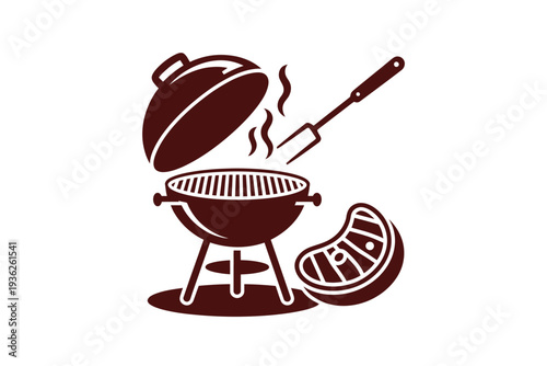 Steaming grill with steak and spatula, perfect for outdoor cooking and summer gatherings.