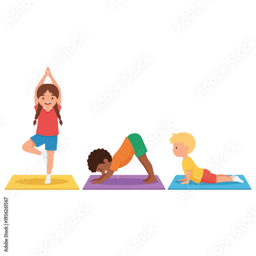 Three diverse children are happily practicing different yoga poses, including tree, downward dog, and cobra, on colorful mats.