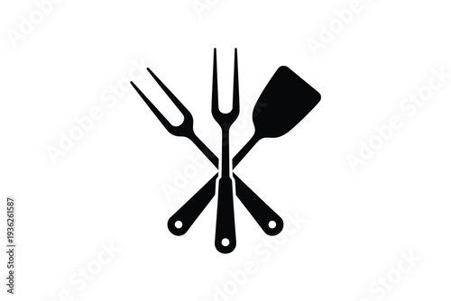 Crossed barbecue tools, including a fork, spatula, and tongs, on a white background.