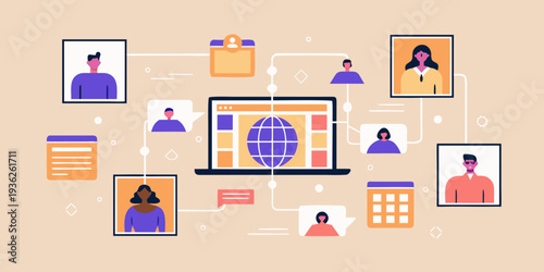 Digital networking and collaboration illustrated with portraits and interface elements