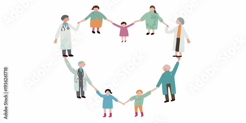 Diverse group of people holding hands in a heart shape illustration