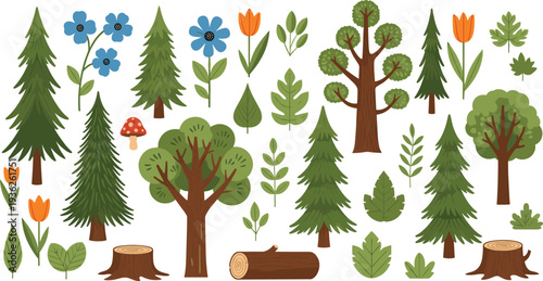 Comprehensive Forest and Garden Nature Set Featuring Trees Flowers Leaves Log and Tree Stumps for Woodland Landscaping Design