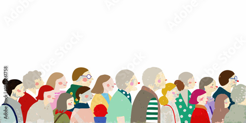 A diverse group of illustrated people standing closely together
