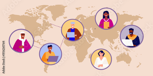 Diverse people connected globally through digital communication and networking