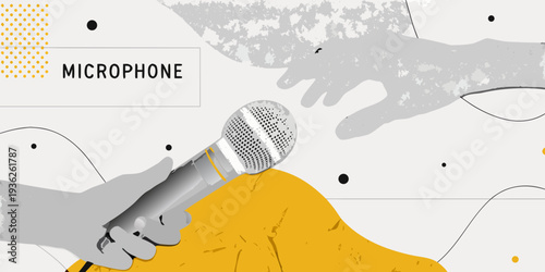 Illustration of a microphone held by a hand with abstract background