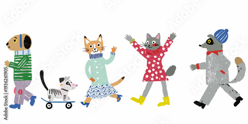 Playful illustrated animals parade with unique clothing and accessories