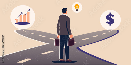 A businessman contemplates choices between financial growth and investment opportunities