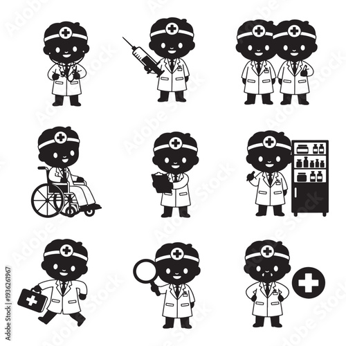 Collection of cute cartoon doctor characters in various poses and situations, representing healthcare and medical services.