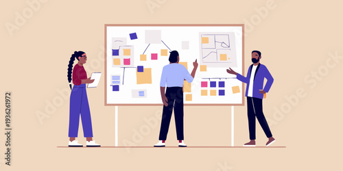 Team collaboration with sticky notes on a whiteboard for brainstorming