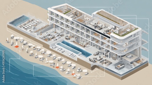 Isometric, beachside resort cutaway showing rooms, pools, and amenities