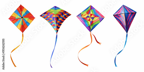 A colorful collection of four different diamond shaped kites on white background