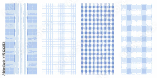 Four vertical panels displaying various light blue gingham and stripe patterns