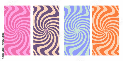 Four vibrant swirling patterns in pink purple blue and orange hues