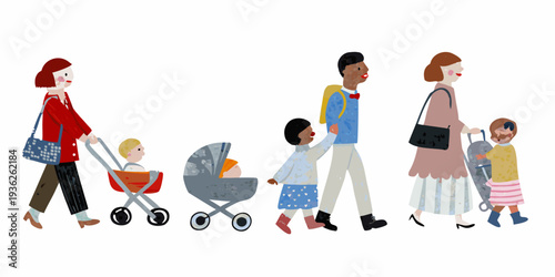 Diverse family group walking together with children and a stroller