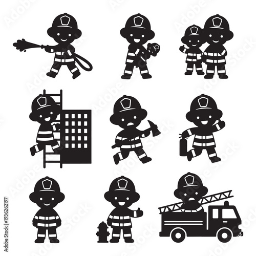 Set of cute cartoon firefighters in various actions, including spraying water, climbing, and operating a fire truck.