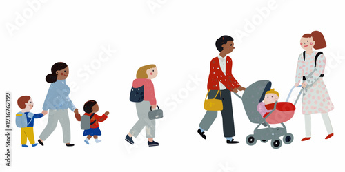 Diverse group of people walking together including families with young children