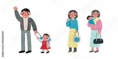 Illustration of a family with four members including a baby walking together