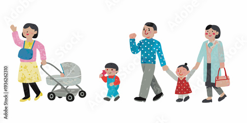 A family of five walking together including a baby in a stroller