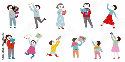 Diverse group of illustrated children engaged in reading activities