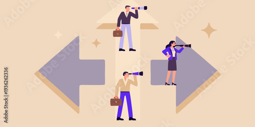 Businesspeople navigating choices and directions with strategic vision