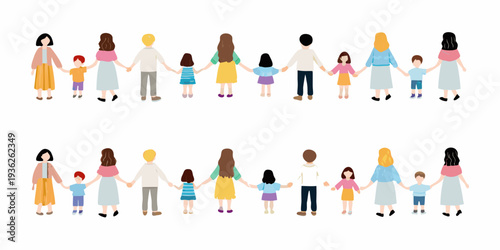 Diverse group of people including adults and children holding hands together