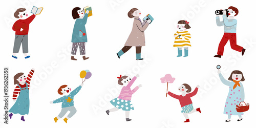 Diverse group of illustrated people engaging in various activities outdoors