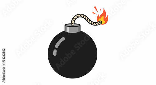 Black Bomb with Lit Fuse on White Background
