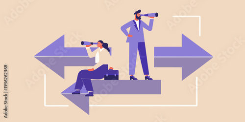 Businesspeople observing directional arrows with binoculars representing strategic vision
