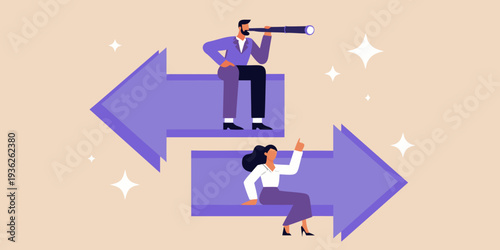 A man and woman contemplate direction symbolized by arrows and a telescope