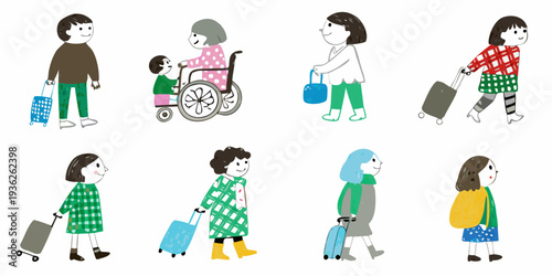 Diverse group of people traveling with luggage and mobility aids