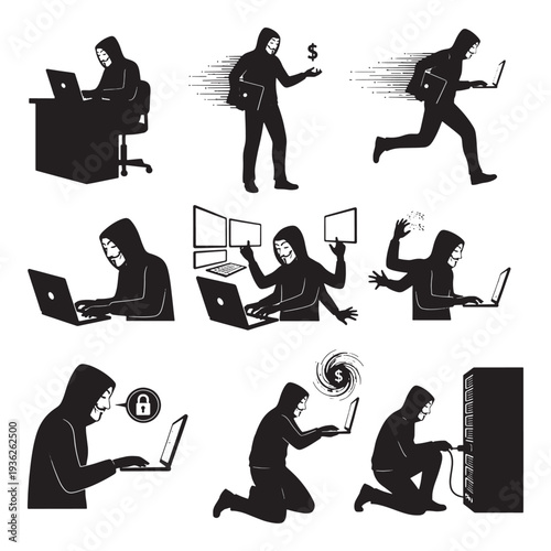 Collection of illustrations depicting a hacker in various scenarios, from working on a laptop to running with a briefcase and engaging in cybercrime.