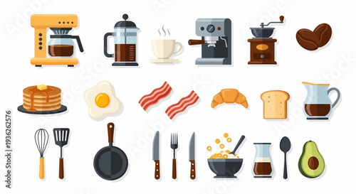 Breakfast Items Kitchen Utensils Coffee Makers and Food Clipart Set