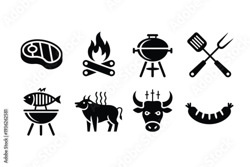 Barbecue and grilling icons, from steak to fish and sausages.