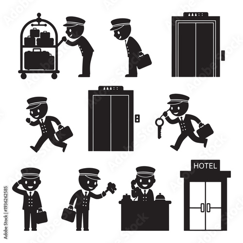 Hotel staff providing services: bellhop with luggage cart, concierge with key, and receptionist at desk, plus elevators and hotel entrance.