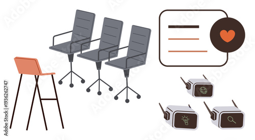 Virtual reality, remote work, education, design concepts, technology, workspace setup. Office chairs and VR headsets with text and heart. Virtual reality and remote work concept