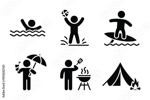 Diverse stick figures enjoying various summer outdoor activities and leisure time.