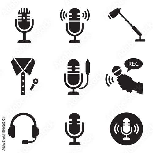 Collection of microphone icons representing audio recording and broadcasting.