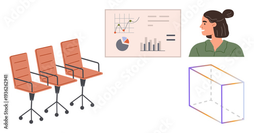 Business meetings, data analysis, office setups, teamwork, productivity, corporate planning. Three office chairs, a chart a geometric cube and a woman s profile. Business meetings and data analysis