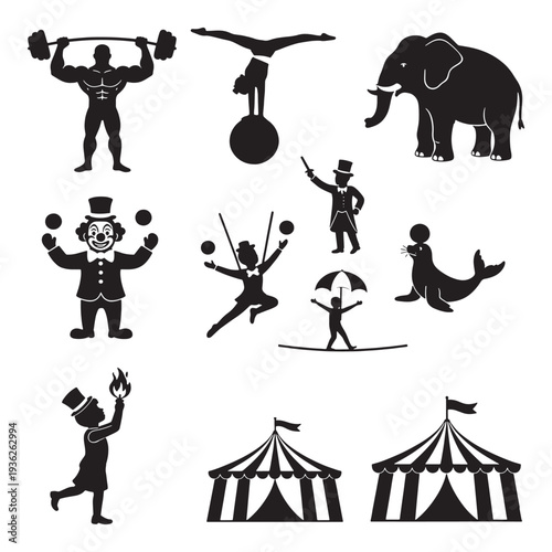 Collection of circus performance icons including a strongman, juggler, elephant, clown, tightrope walker, and tents.