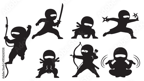Collection of cute cartoon ninja silhouettes in various action poses with weapons.