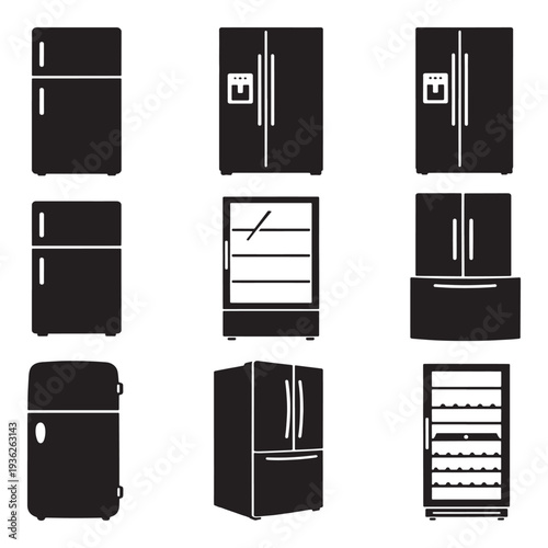 Fotografie Collection of various refrigerator and freezer icons, showcasing different styles and designs in a clean, modern silhouette