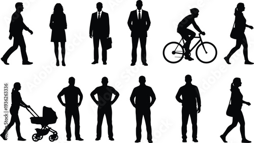 Human silhouettes in everyday activities, walking, cycling, business attire, stroller pushing, standing poses, handbags, lifestyle diversity, community, cultural representation