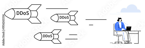 DDoS attack. Digital depiction of Distributed Denial-of-Service threats targeting online systems. DDoS visualizes cyber threats and the need for cybersecurity. For IT, security, education, awareness