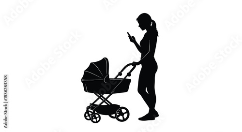 This minimalist vector graphic illustration depicts a distracted young woman pushing a baby stroller while intently focused on her mobile smartphone device.