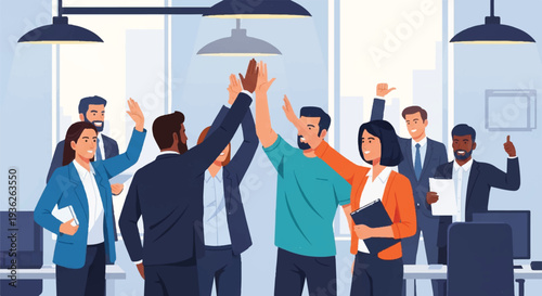 Diverse business team celebrating success with high-fives in a modern office, showcasing collaboration, achievement, and unity.