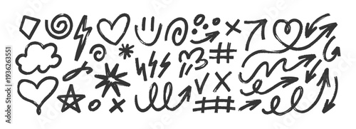 Hand-drawn brush strokes and marker elements create abstract graffiti-style shapes with organic lines, arrows, and artistic doodle textures. Black vector illustration.