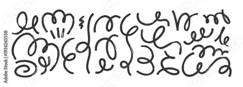 Paint strokes with curly brush lines form artistic waves. Vector swooshes, crayon textures, and bold curves. Vector illustration.