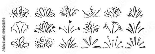 Crayon confetti illustrations with hand-drawn stars, confetti and festive sparkles. Playful doodle background featuring colorful celebration fireworks. Vector illustration.