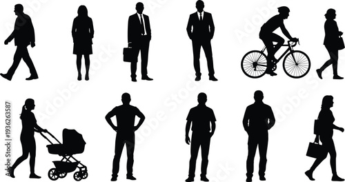 Human silhouettes in everyday activities, walking, standing, cycling, stroller pushing illustration, vector art design, lifestyle concept sequence