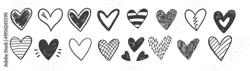 Sketchy heart icons drawn with textured brushes and crayons, ideal for love symbols, Valentine graphics. Vector illustration.